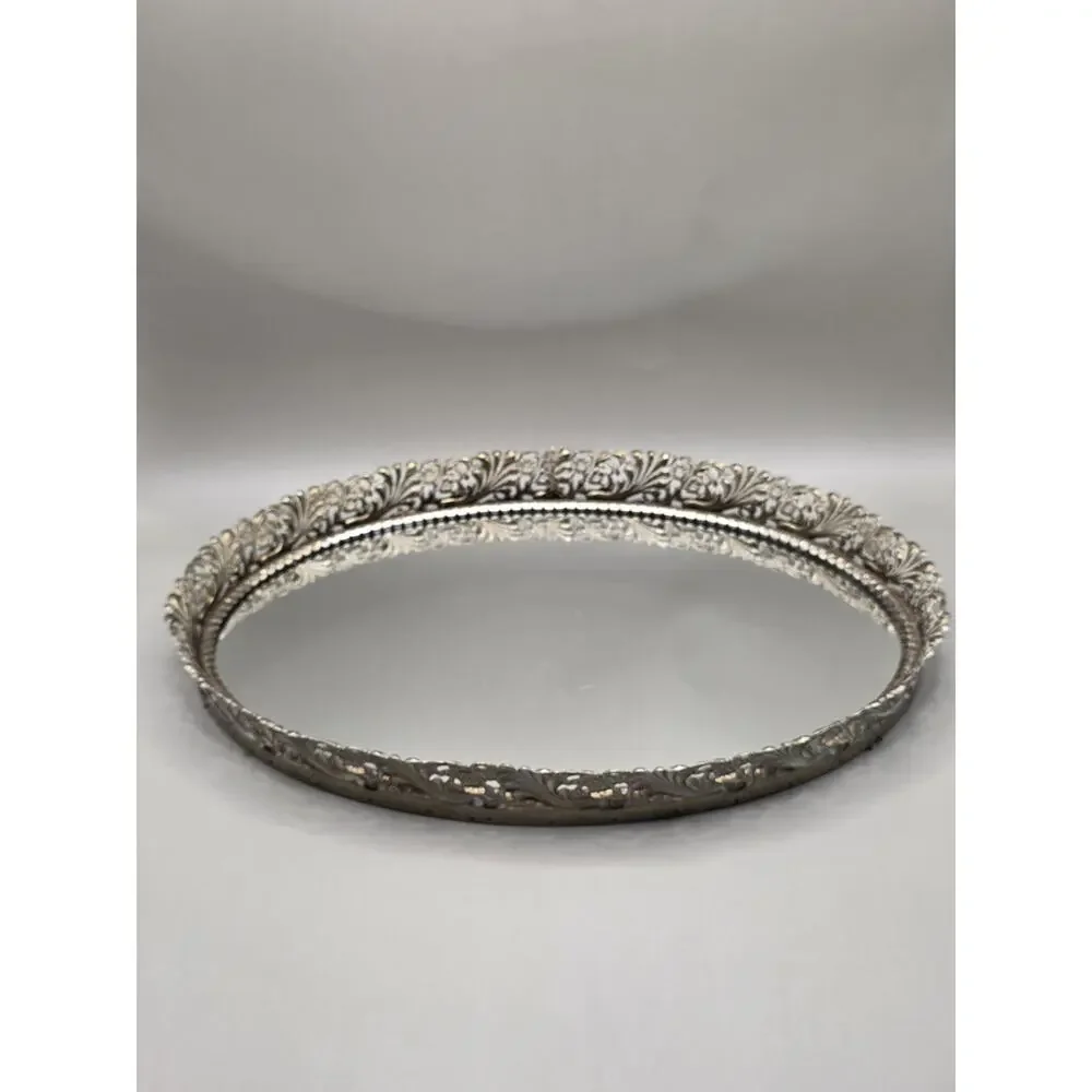 Vintage Hollywood Regency Silver Filigree Mirrored Vanity Tray Oval Dresser...